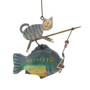 Fishing Cat with Fish Ornament Christmas Hand Painted Wood 4"